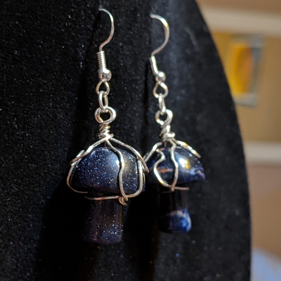 Black Agate And Blue Goldstone Mushroom Artisan Earrings - Picture 5 of 6